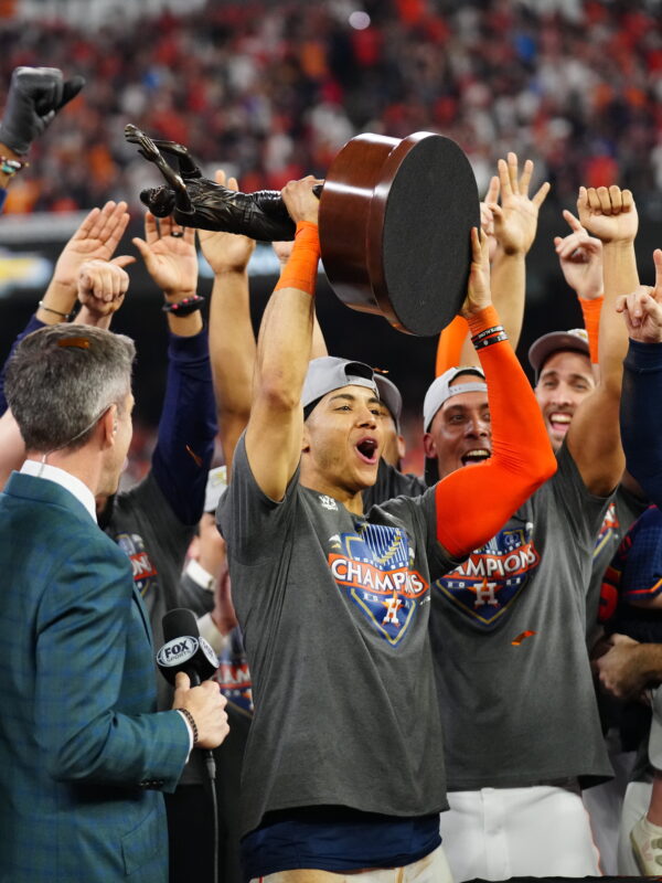 Jeremy Peña with World Series MVP Trophy