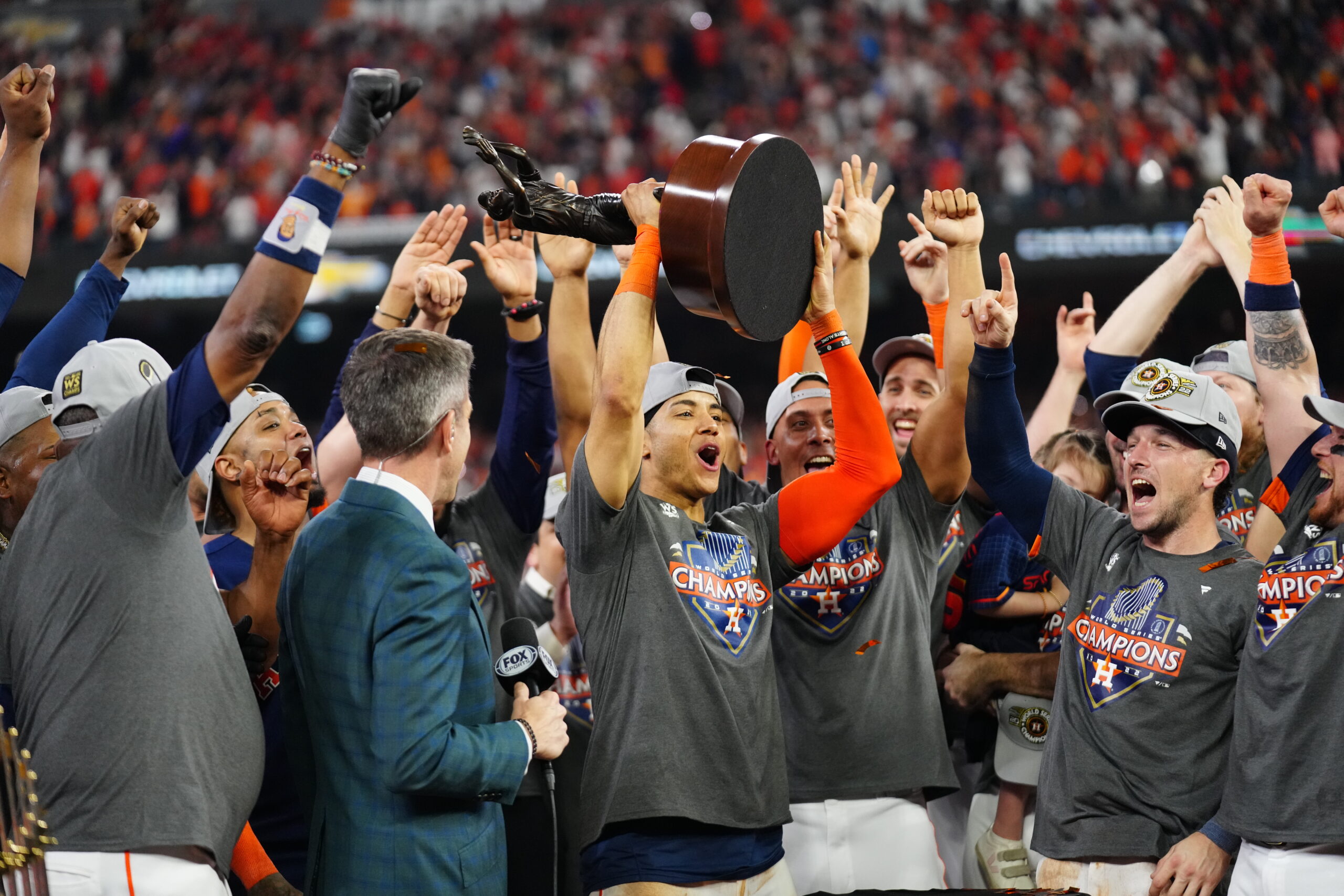 Jeremy Peña with World Series MVP Trophy